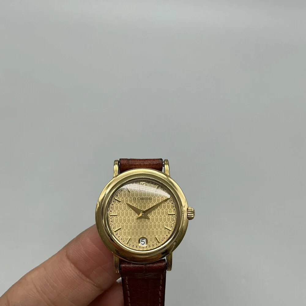 Le Chateau 2201L Womens Watch 24mm Gold Tone Brown Leather Date New Battery